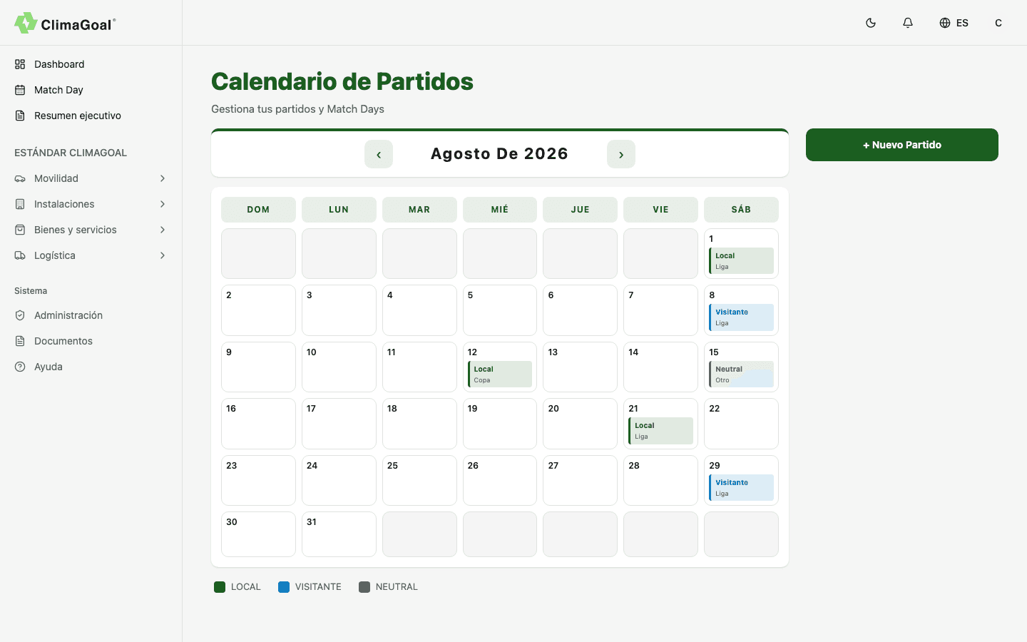 Calendario de Match Days